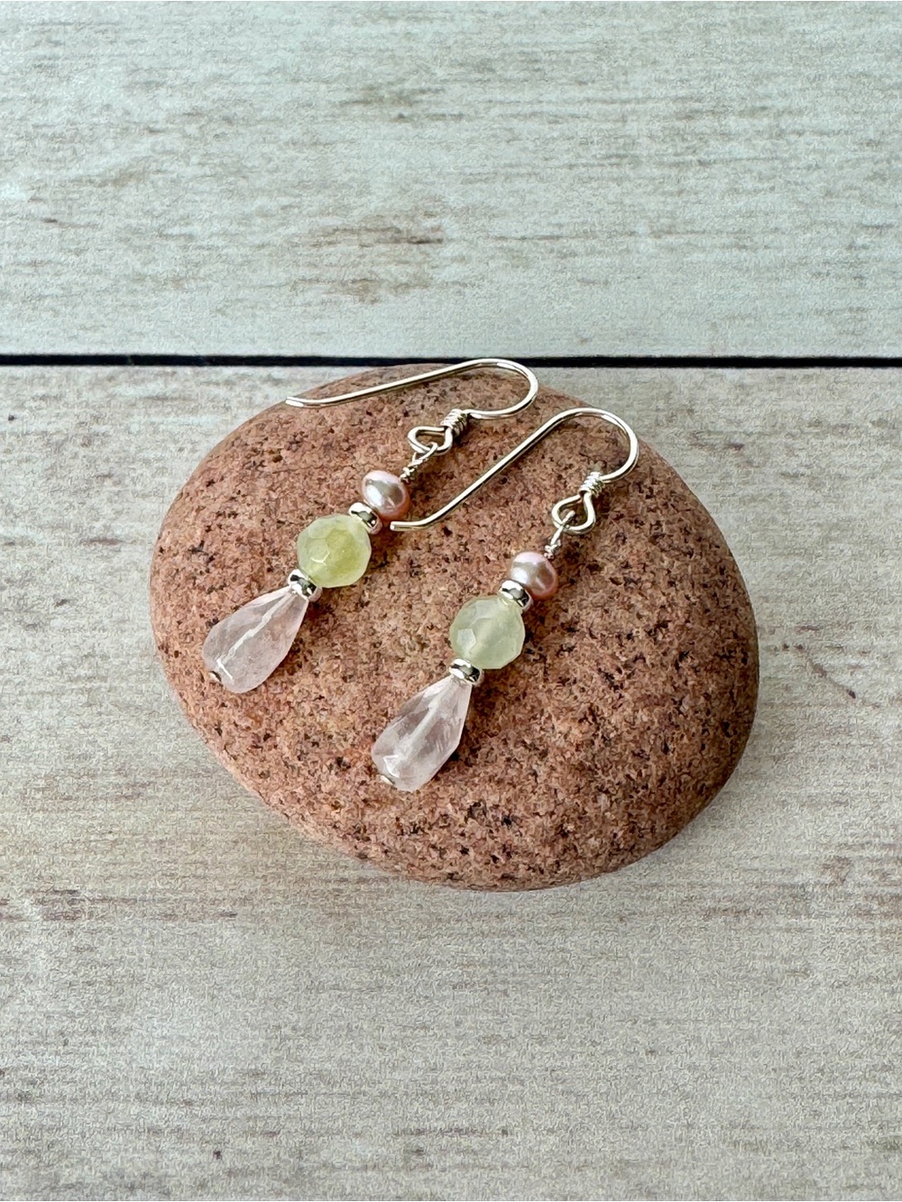 Rose Quartz Briolette Earrings with Jade and Pearl